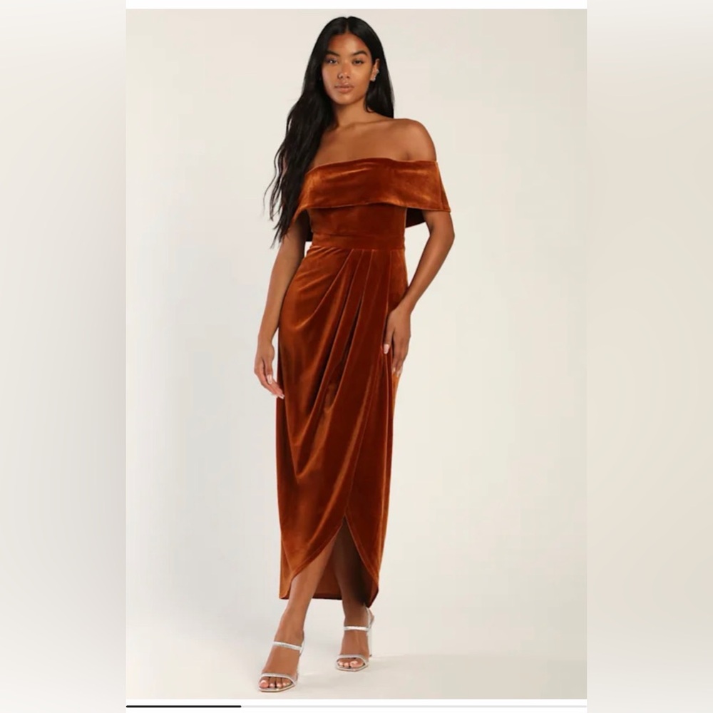 LULU’S I'm Enchanted Rust Orange Velvet Off-the-Shoulder Maxi Dress